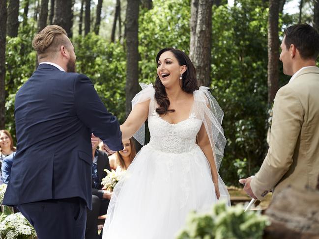 Contestants Luke Eglin meets his bride Poppy Jennings. Picture: Nine