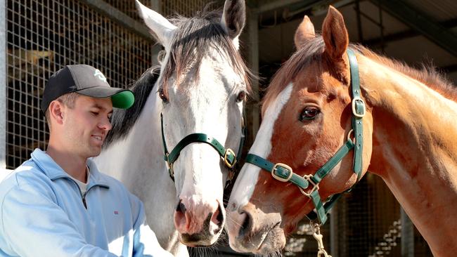 Neodium (left) is en route to Birdsville to defend its 2023 TAB Birdsville Cup win. Pictured with trainer Tommy Stokes and ‘best friend’ Trumpsta. Picture: Dean Martin