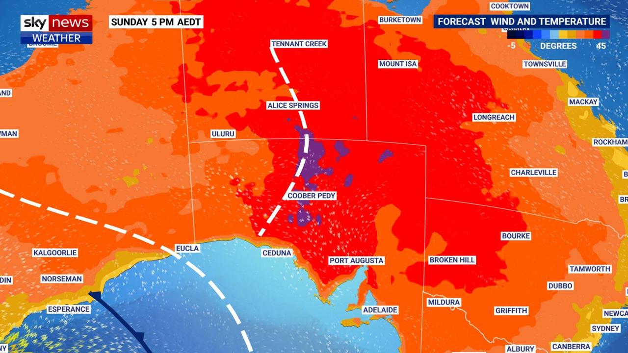 On Sunday, the extreme heat will be concentrated in central Australia including Adelaide. Pictures: Sky News Weather.