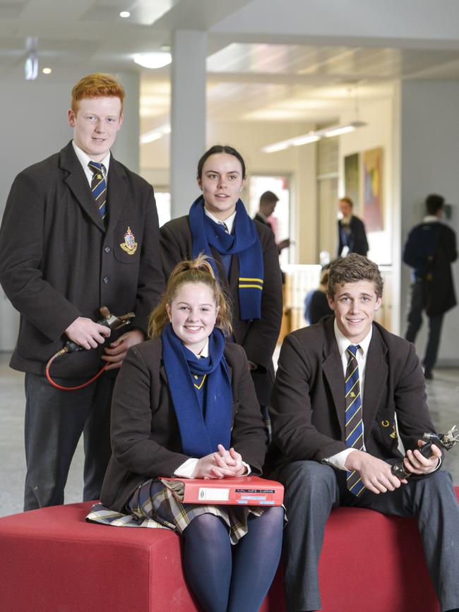 Ballarat Grammar Year 10 students Thomas Nevinson, 15, Charlotte Hopkins, 15, Ellie Sinclair, 15, and Brait Headon, 15, are taking part in an entrepreneurial program at the school. Picture: Dannika Bonser.