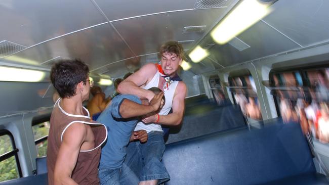 One of the most iconic images from the Cronulla riots as an angry mob entered a train.