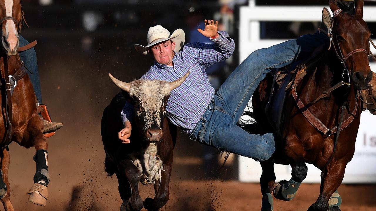 A competitor in among the action at Buchanan Park at the Mount Isa Rodeo. Picture: Dan Peled/Getty Images