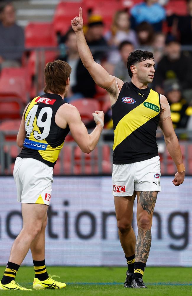 Tim Taranto celebrates one of his two first-quarter goals. Picture: Michael Willson/AFL Photos
