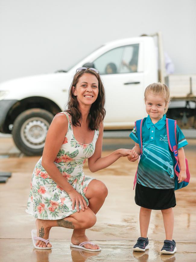 Kayla Soffe with daughter Mia Fergussen on Mia’s first day of school at Zuccoli Primary. Picture: GLENN CAMPBELL