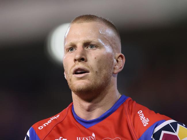 NEWCASTLE, AUSTRALIA - APRIL 16: Mitch Barnett of the Knights looks on during the round six NRL match between the Newcastle Knights and the Cronulla Sharks at McDonald Jones Stadium, on April 16, 2021, in Newcastle, Australia. (Photo by Ashley Feder/Getty Images)