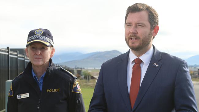 Tasmania Police inspector Kathy Bennett and Minister for Police, Fire and Emergency Services Felix Ellis speak to the media at Cambridge on Monday, 8 July 2024.