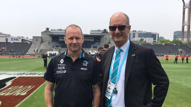 Port Adelaide coach Ken Hinkley with Chairman David Koch in Shanghai.