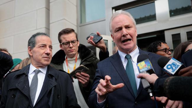 Senator Chris Van Hollen and Congressman Jamie Raskin speak to reporters outside the USAID headquarters. Picture: Getty Images via AFP.