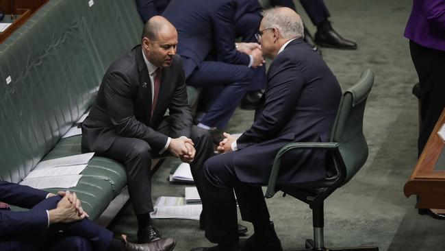 Treasurer Josh Frydenberg and Prime Minister Scott Morrison in parliament on Tuesday. Picture: Sean Davey