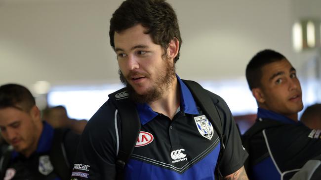 Canterbury Bulldogs prop David Klemmer at Sydney airport check-in, on a trip to Auckland for the Nines tournament. Klemmer is sporting new long hair and beard, very different from the clean-shaven, bald look he's had in recent years. Picture: John Fotiadis