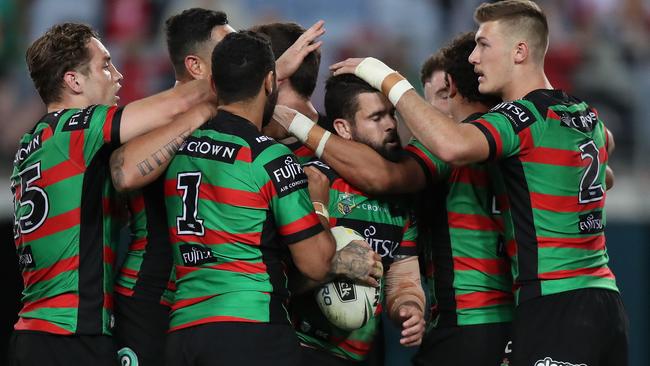 Adam Reynolds celebrates after scoring a try for the Rabbitohs. Picture: Brett Costello