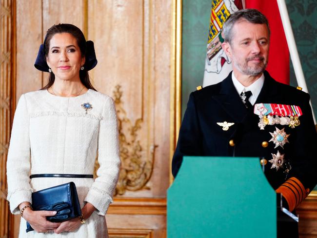 Queen Mary of Denmark looks on as King Frederik X of Denmark gives a press statement at the Royal Palace in Stockholm, Sweden. Picture: AFP