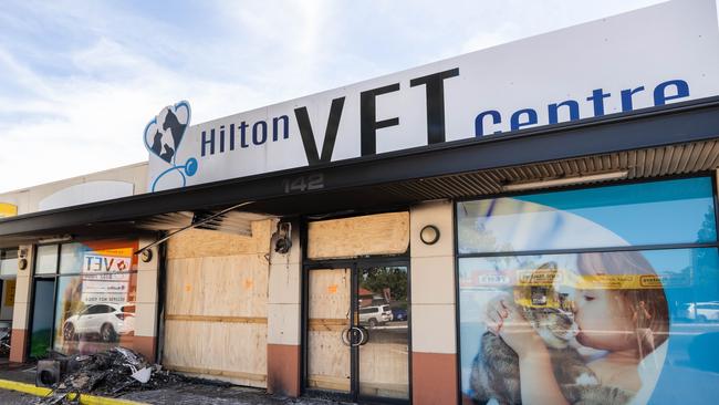 Pets Health Hilton Vet Centre, after a suspected arson attack last night. Picture: NCA NewsWire / Morgan Sette