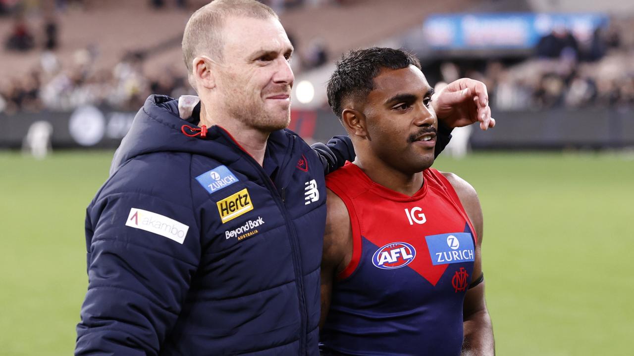 Melbourne fans hope there are more good times ahead for coach Simon Goodwin and Kysaiah Pickett. Picture: Darrian Traynor/Getty Images