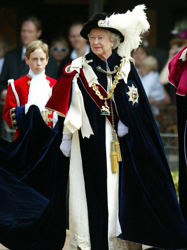 Queen Elizabeth II arrives at St Georges Chapel, Windsor, 13 June 2005 before the Service for The Order of the Garter. Picture: AFP