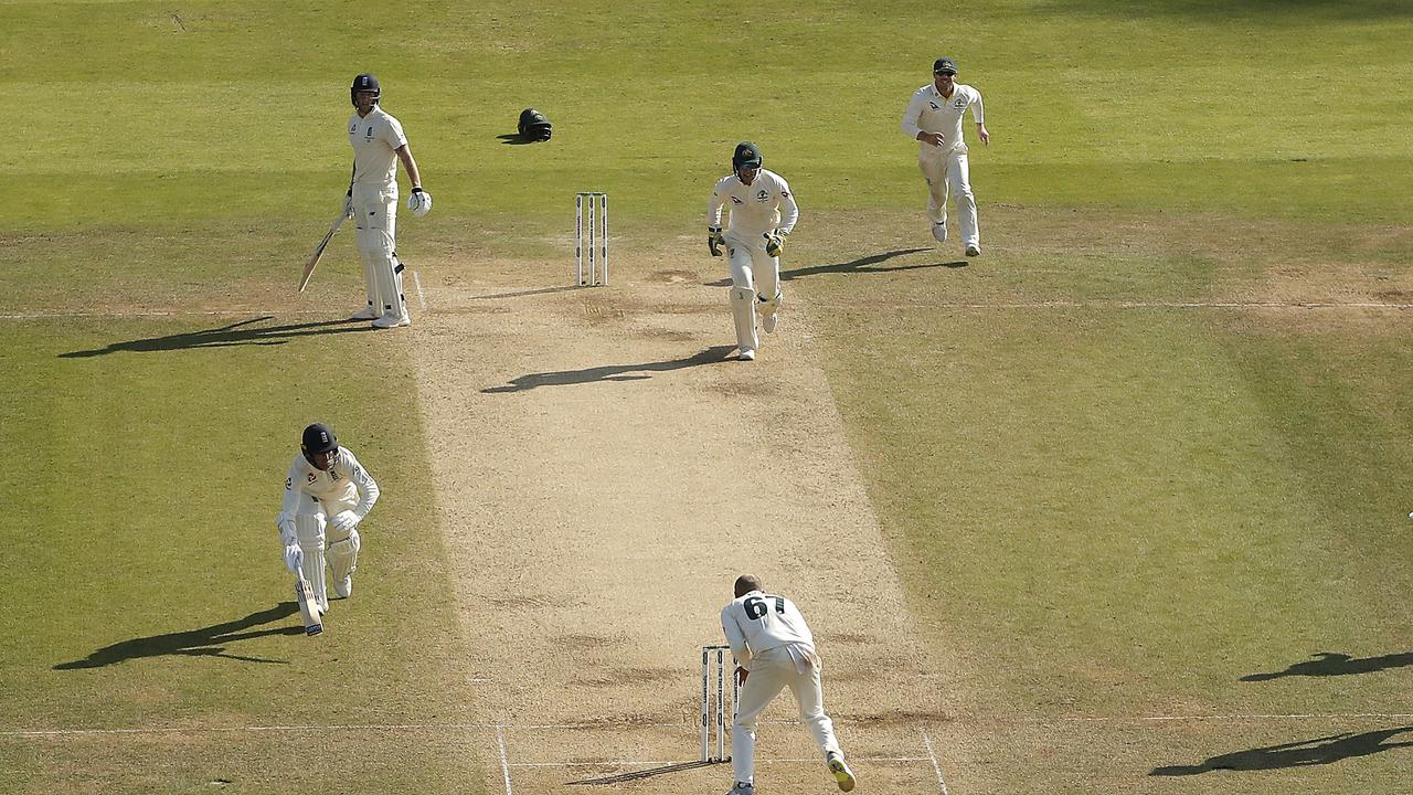 Lyon fumbles the ball and misses a run out opportunity during the 2019 Ashes. Picture: Getty