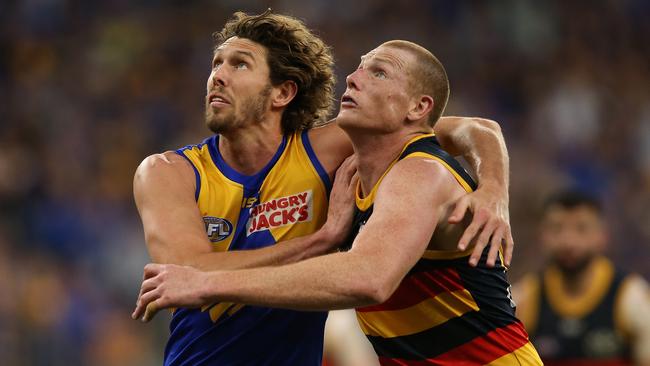 Crows veteran Sam Jacobs takes on West Coast’s Tom Hickey in the tight tussle in Perth. Picture: Paul Kane/Getty Images