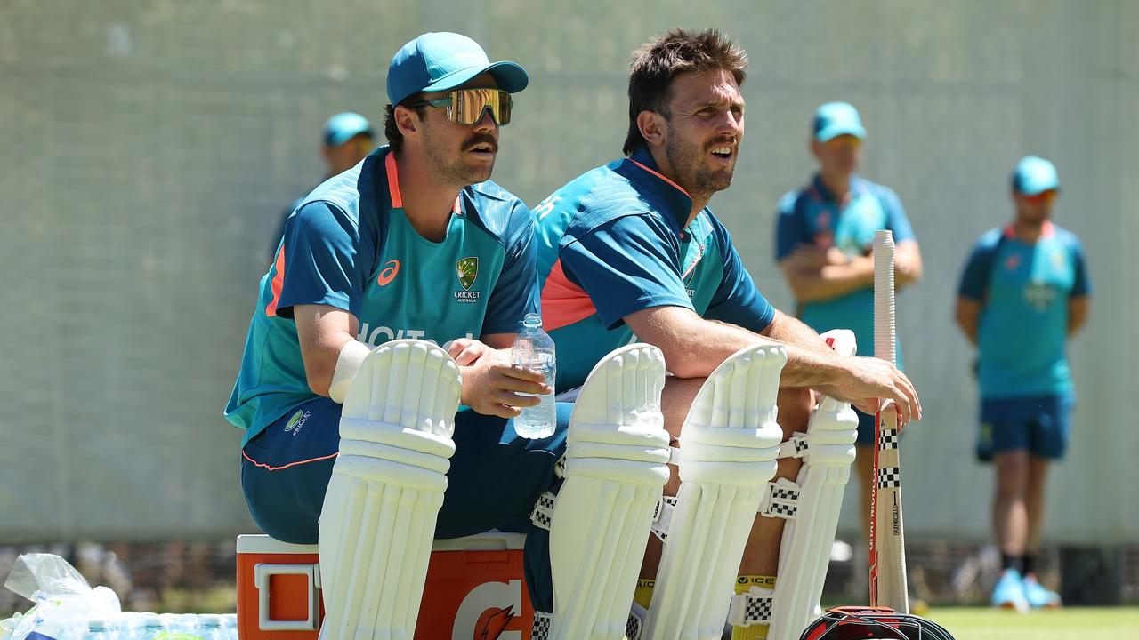 Travis Head and Mitch Marsh during an Australian nets session at Optus Stadium. (Photo by Paul Kane/Getty Images)