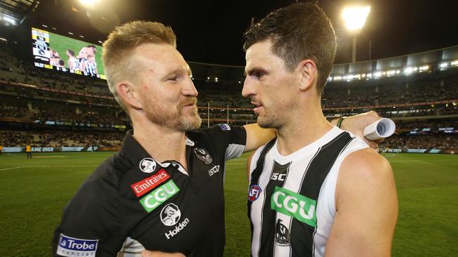 AFL 1st Preliminary Final. Richmond vs Collingwood at the MCG.  Collingwood coach Nathan Buckley hugs skipper Scott Pendlebury after tonights win  . Pic: Michael Klein