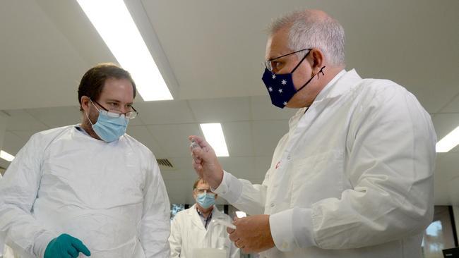 Scott Morrison (right) has been spruiking the COVID vaccine but his rollout schedule looks unlikely to be met. Picture: NCA NewsWire/ANDREW HENSHAW