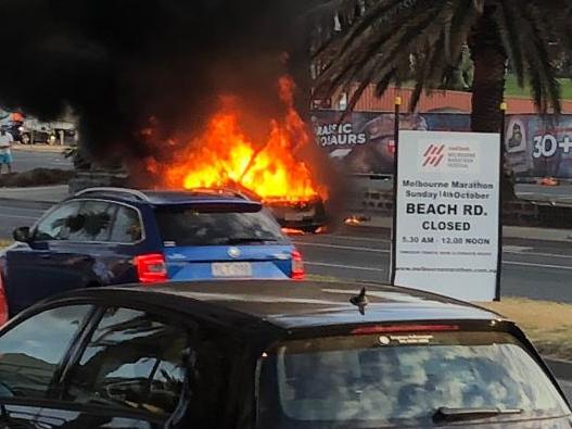 "Massive" explosion, car bursts into flames at St Kilda. Picture: 3AW Melbourne  @3AW693 Twitter