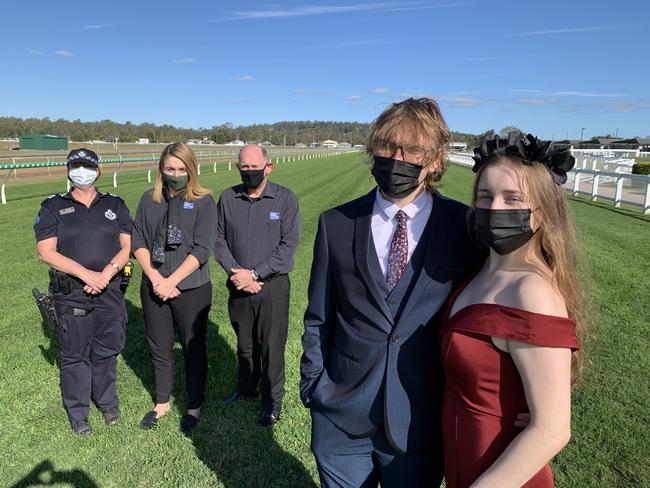 Sergeant Nadine Webster with Crimestoppers Volunteer Committee secretary Teigan, chairman Scott Mawhinney, and keen racegoing couple Lora and Kern.