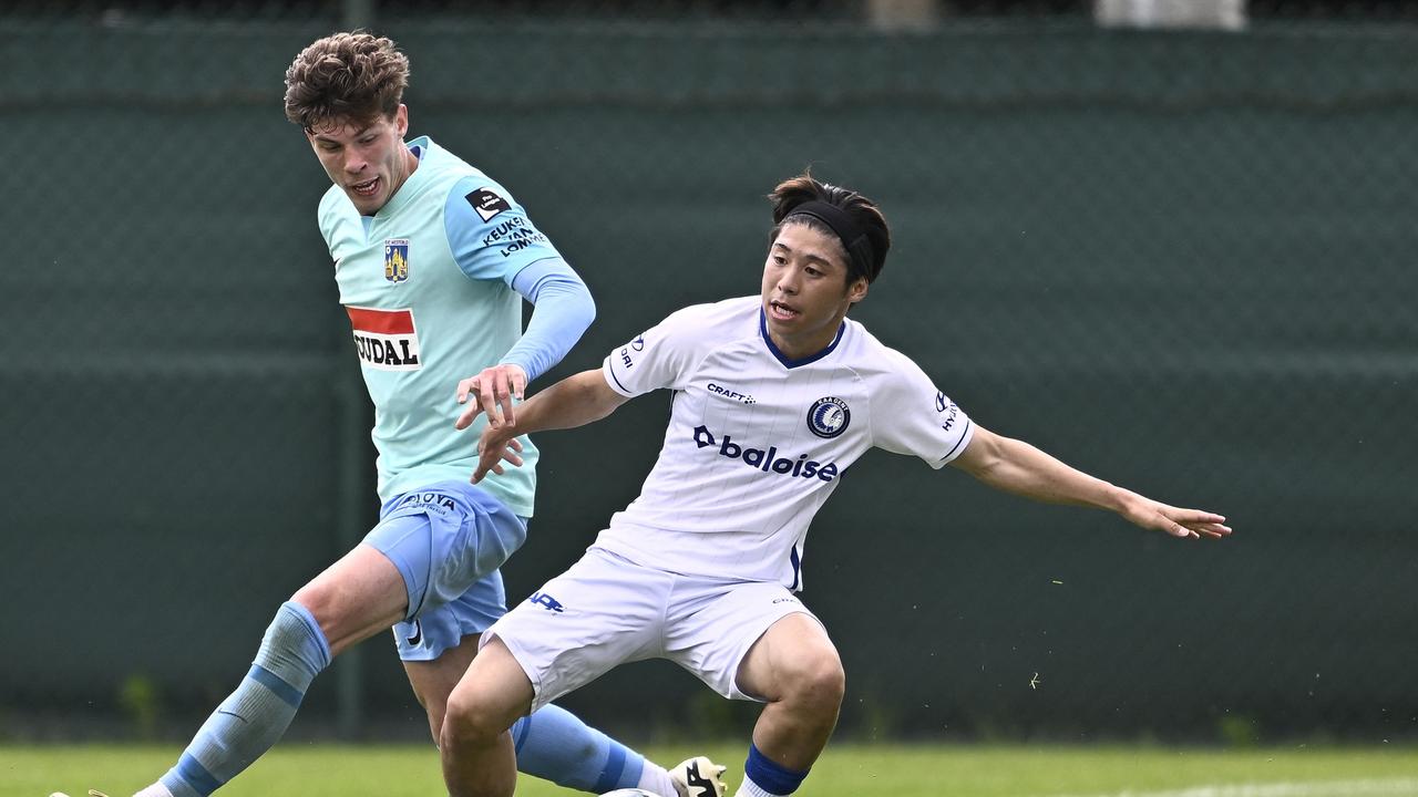 Jordan Bos (left) injured his hamstring playing for his Belgian club team Westerlo. Picture: Johan Eyckens / Belga / AFP