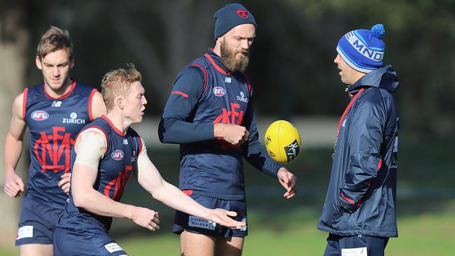 Melbourne’s Max Gawn, centre, training at Goschs Paddock in Melbourne. Picture: Alex Coppel