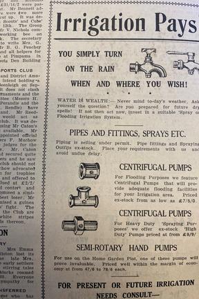 Plumbing and irrigation ad. Gold Coast Bulletin advertising, 1945