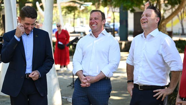 Premier Steven Miles (centre) with Treasurer Cameron Dick (left) and Brisbane Lord Mayor Adrian Schrinner this week. Picture: Lyndon Mechielsen