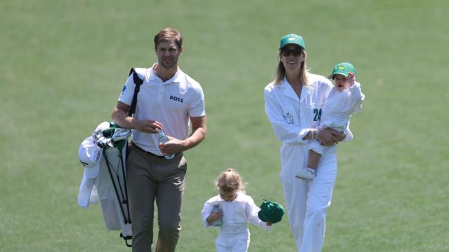 Thomas Detry of Belgium walks with his wife, Sarah Detry, and their daughters, Sophia and Alba Elizabeth. Detry has had a steady rise in the world rankings and Sarah is an avid traveller. Picture: Getty