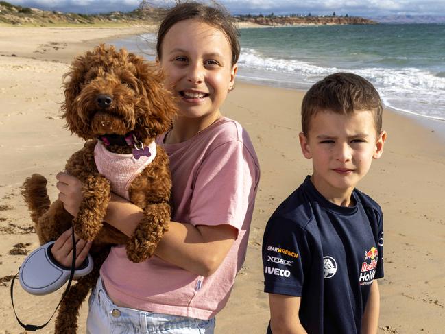 14,November, 2023: Elsie Lewis (10) with her brother Lincoln Lewis (7) with their dog marmalade on the beach at Port Noarlunga. Picture by Kelly Barnes