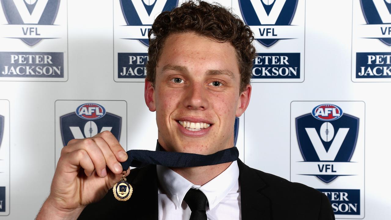 MELBOURNE, AUSTRALIA - SEPTEMBER 10:  Josh Corbett of Werribee is the 2018 Fothergill-Round-Mitchell Medallist during the VFL 2018 JJ Liston Trophy night at Crown Palladium on September 10, 2018 in Melbourne, Australia. (Photo by Robert Prezioso/AFL Media)