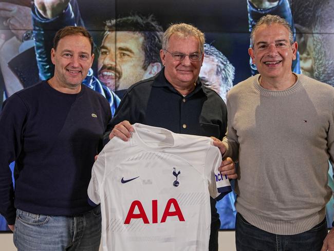 Ange Postecoglou's good mates Paul Trimboli, Chris Nikou and Nick Deligiannis. Nikou and Deligiannis are headed for Bilbao for the Europa League final. Picture: Bruce Media