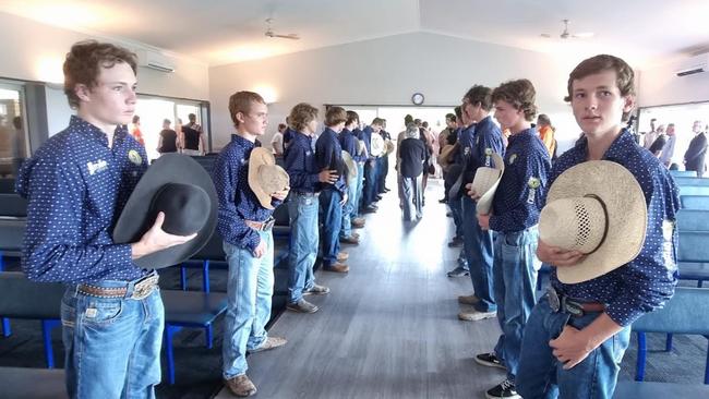 Members of St Brendan's College rodeo team formed a guard of honour at Geoff O'Connor's funeral service.