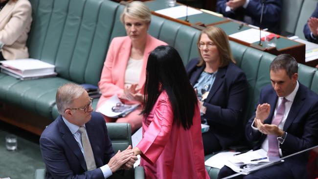 Prime Minister Anthony Albanese and Linda Burney share a touching moment after the minister delivered an emotional statement to Parliament. Picture: NCA NewsWire / Gary Ramage