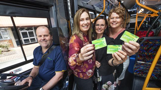 Metro bus driver Andrew Wiggins, Glenorchy Mayor Kristie Johnson, Associate Professor Verity Cleland and Hobart Lord Mayor Anna Reynolds on a Metro bus at Moonah. Picture: CHRIS KIDD