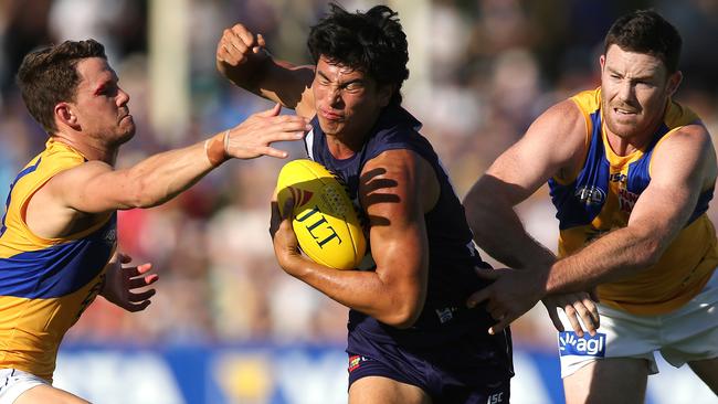 Bailey Banfield attempts to break through for the Dockers. Picture: Getty Images 