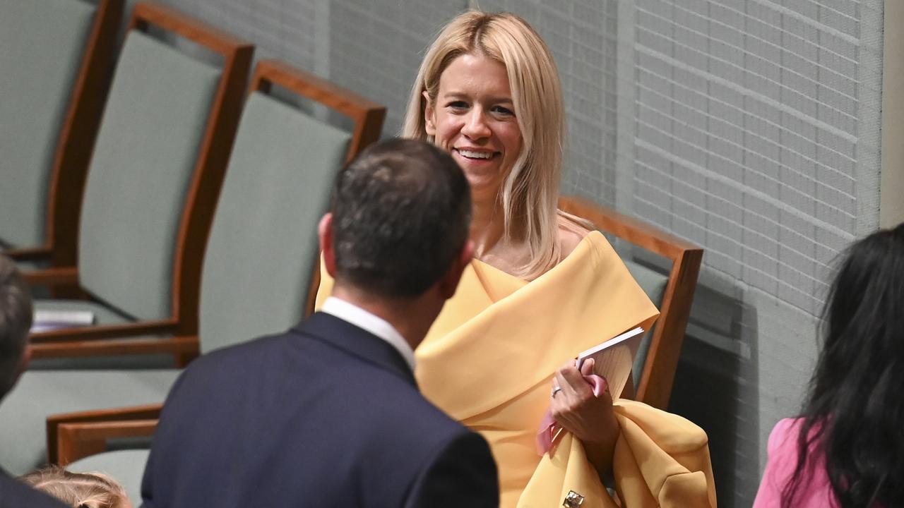 Laura Chalmers congratulates Federal Treasurer Jim Chalmers after he handed down the 2024-25 federal budget at Parliament House in Canberra. Picture: NCA NewsWire / Martin Ollman