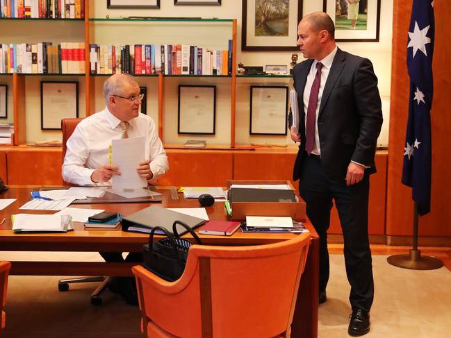 Prime Minister Scott Morrison and Treasurer Josh Frydenberg meet in the PM’s office. Picture: Adam Taylor/PMO