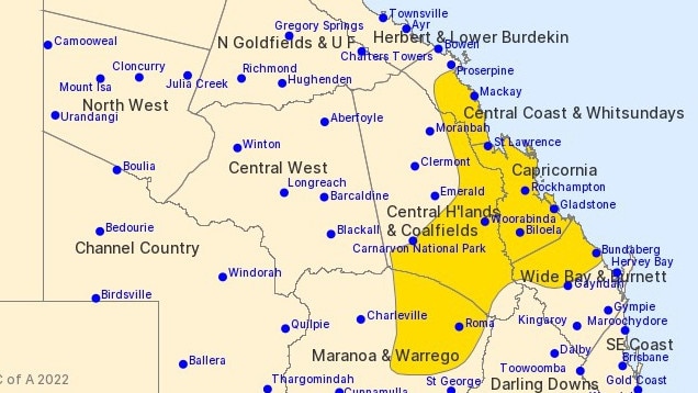 The warning zone issued by BOM on October 24 for severe thunderstorms covers most of North and Central Queensland, from Proserpine in the north to Bundaberg in the south. Picture: Bureau of Meteorology