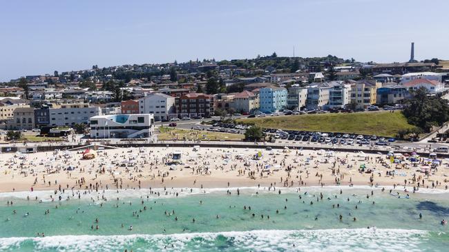 An aerial view of Bondi Beach as a heatwave hits Sydney on Saturday, January 23. Picture: Brook Mitchell/Getty