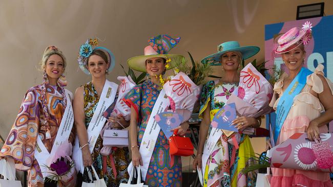 Tatiana Hoffmann, Vanessa Burton, Anggie Wibowo, Kymberlee Hubble and Alanna Oppermann at the 2023 Darwin Cup. Picture: Pema Tamang Pakhrin