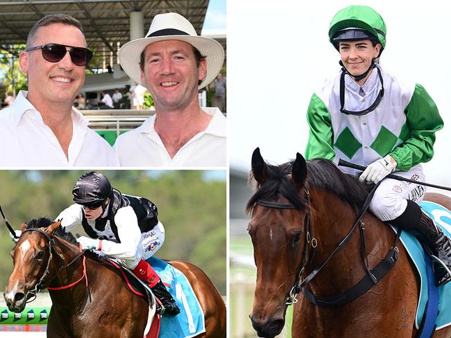 Trainer Tony Gollan (sunglasses), who trains the Ciaron Maher (wearing hat)-owned La Bella Boom, will also saddle up Hi Barbie in Friday night's Magic Millions 2YO Classic at the Gold Coast. Pictures: Grant Peters / Trackside Photography