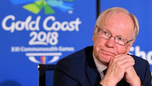 Gold Coast 2018 Commonwealth Games Corporation (GOLDOC) chairman Peter Beattie looks on during a media call prior to the final GOLDOC Board meeting on the Gold Coast today. (AAP Image/Dave Hunt)