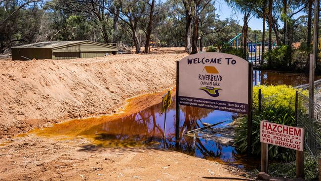 Works on a levy at Riverbend caravan park in Renmark, on December 2nd, 2022. Picture: Tom Huntley