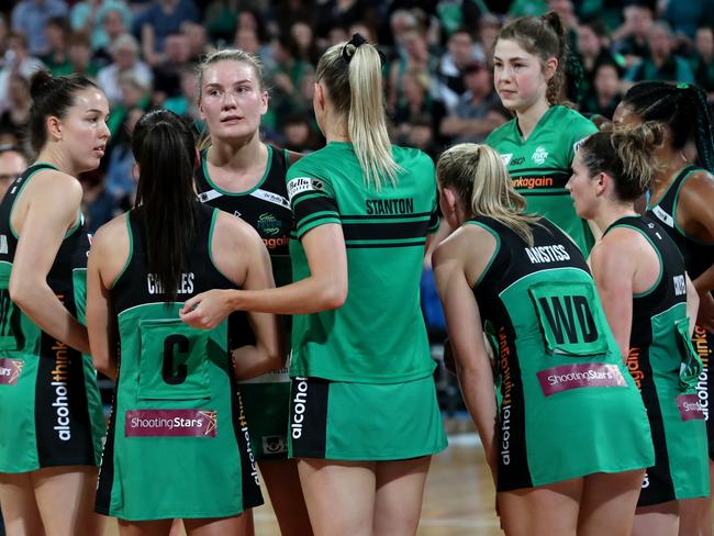 West Coast Fever players come to terms with the Grand Final defeat. Picture: AAP