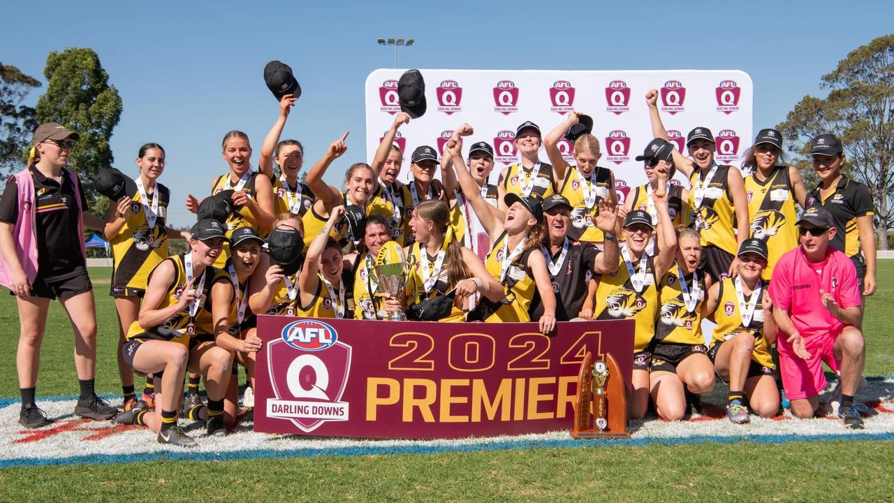 Toowoomba Tigers celebrate winning the 2024 AFL Darling Downs women's grand final. Picture: Annette Action Shots