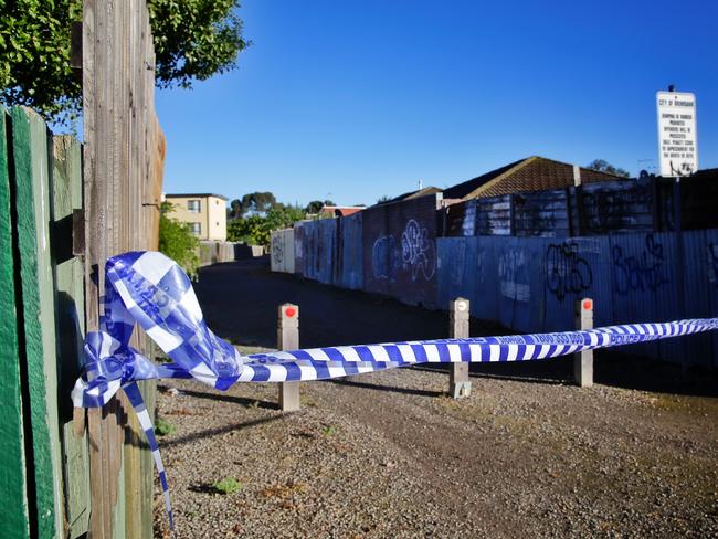 Police tape on a laneway leading to a car park behind McDonalds on St Albans Rd, the scene of a brawl on Sunday night on Monday, October 17, 2016, in St Albans, Victoria, Australia. Picture: Hamish Blair