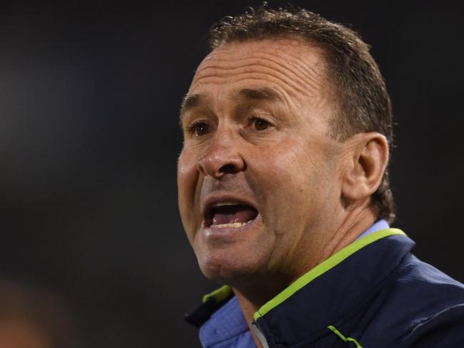 Raiders coach Ricky Stuart reacts during the Round 8 NRL match between the Canberra Raiders and the Manly-Warringah Sea Eagles at GIO Stadium in Canberra, Friday, April 21, 2017. (AAP Image/Lukas Coch) NO ARCHIVING, EDITORIAL USE ONLY